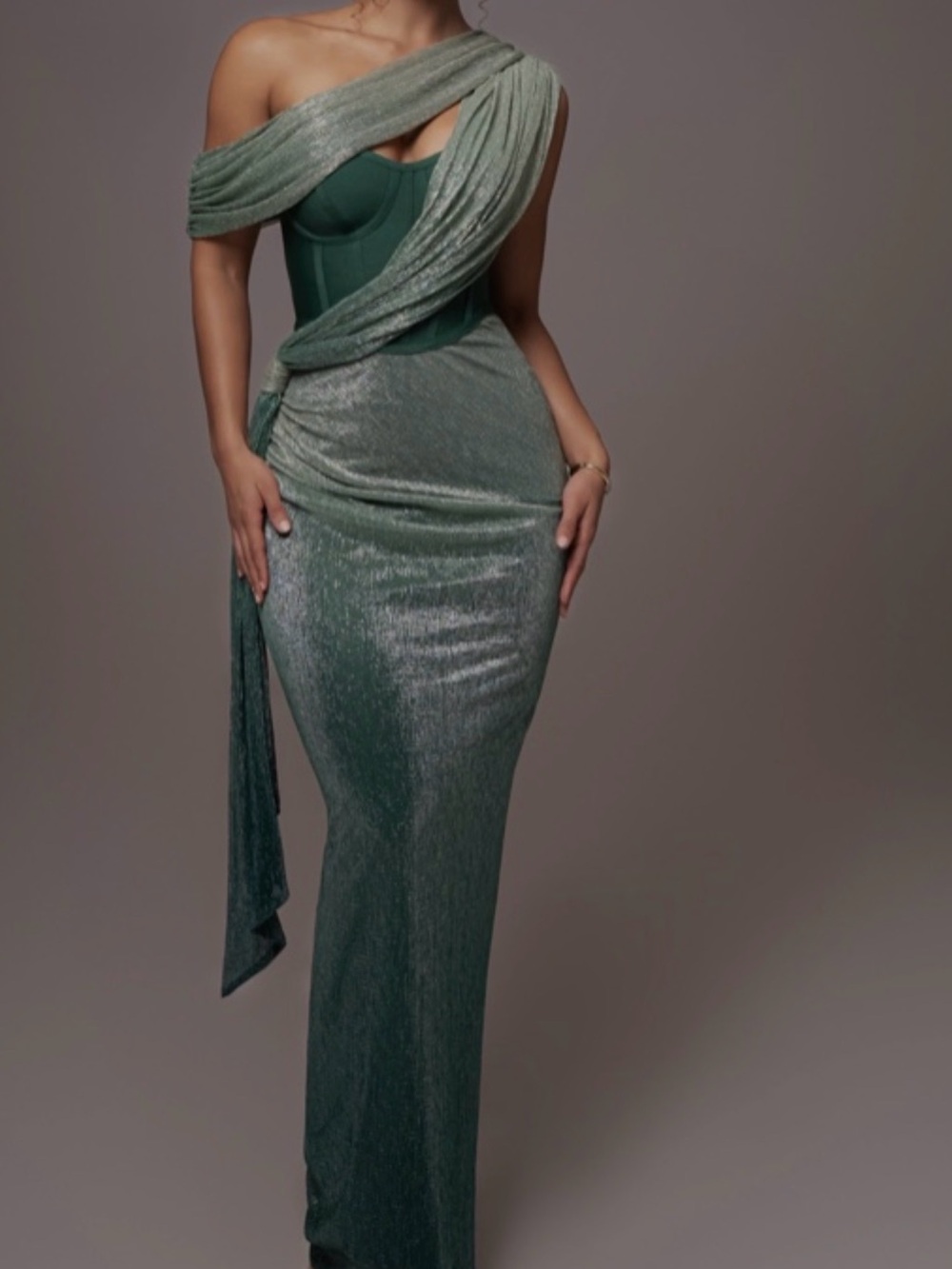 JLUXLABEL One-Shoulder Shimmery Sage Green Gown